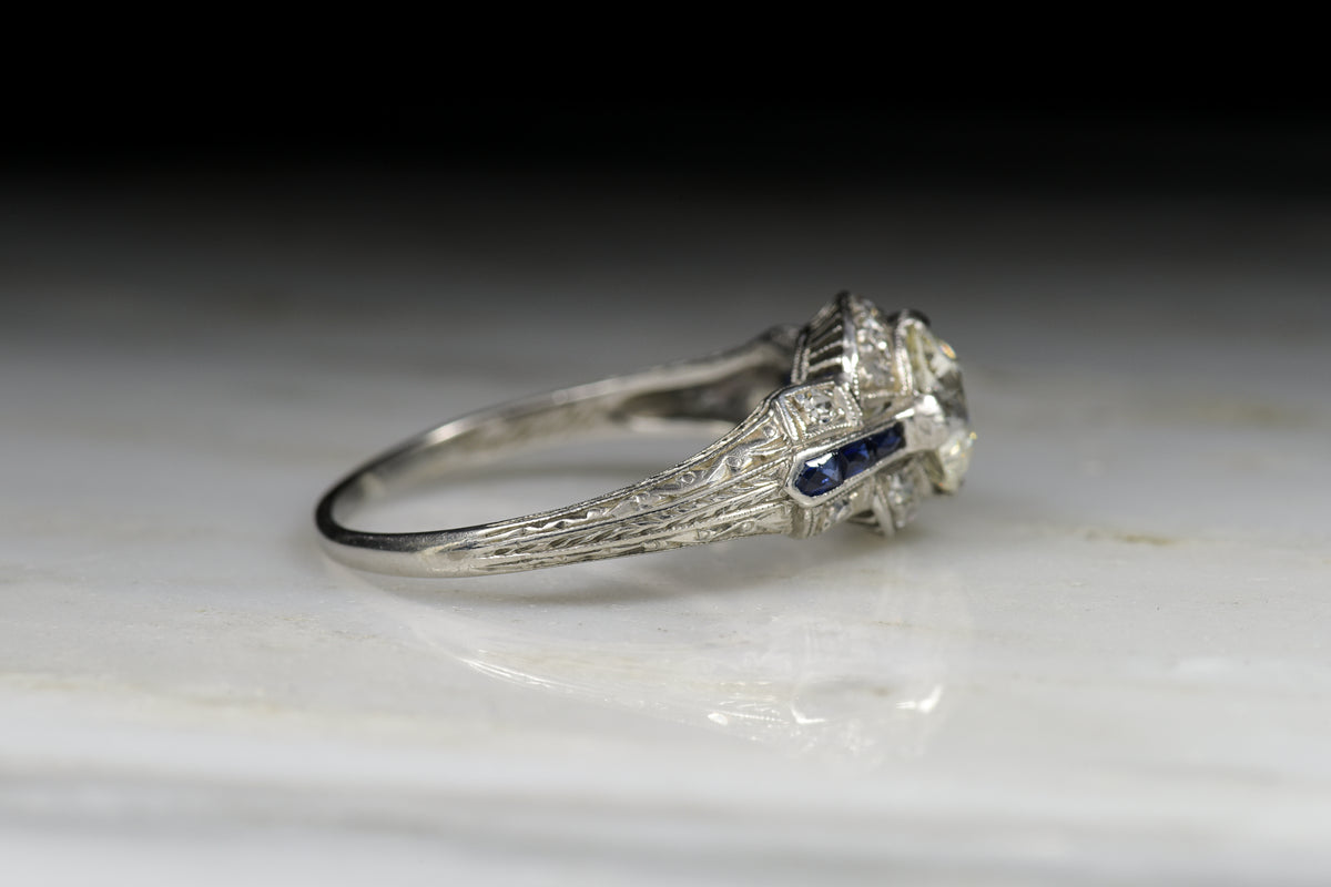 Late Edwardian / Early Art Deco 1.15 Carat Old European Cut Diamond and Sapphire Engagement Ring