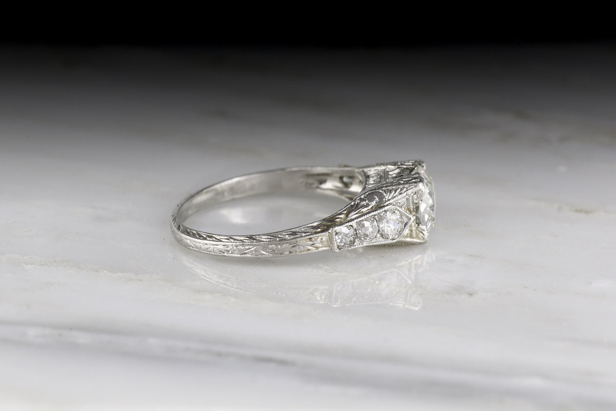 Edwardian GIA Certified 1.10 Carat Old European Cut Diamond Engagement Ring with Ornate Hand-Engraving