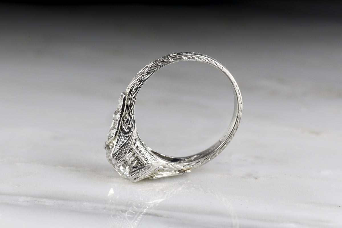 Edwardian GIA Certified 1.10 Carat Old European Cut Diamond Engagement Ring with Ornate Hand-Engraving