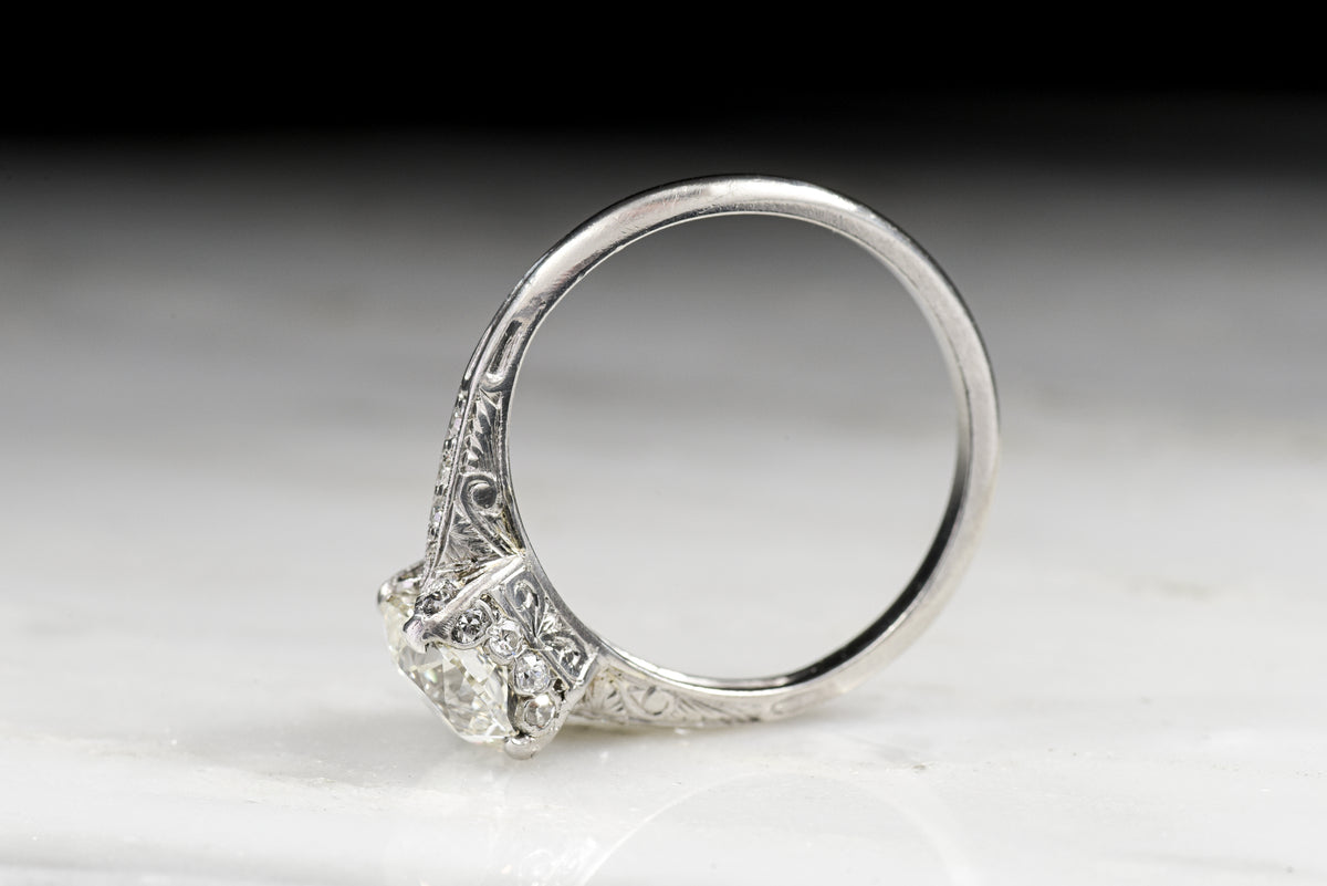 Edwardian 1.50 Carat Old European Cut Diamond Engagement Ring with Ornate Engraving