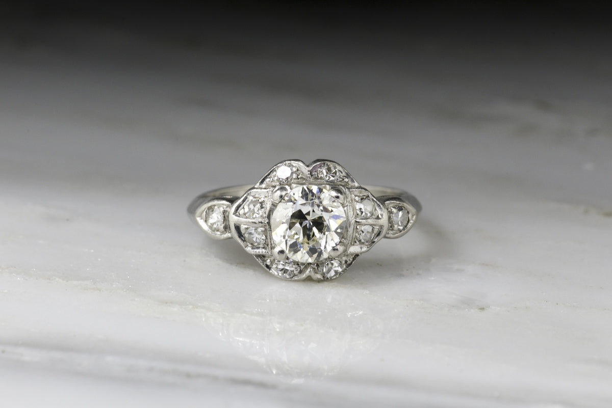 Vintage .70 Carat Old European Cut Diamond in Platinum Art Deco Era Engagement Ring with Single Cut Diamond Accents R125