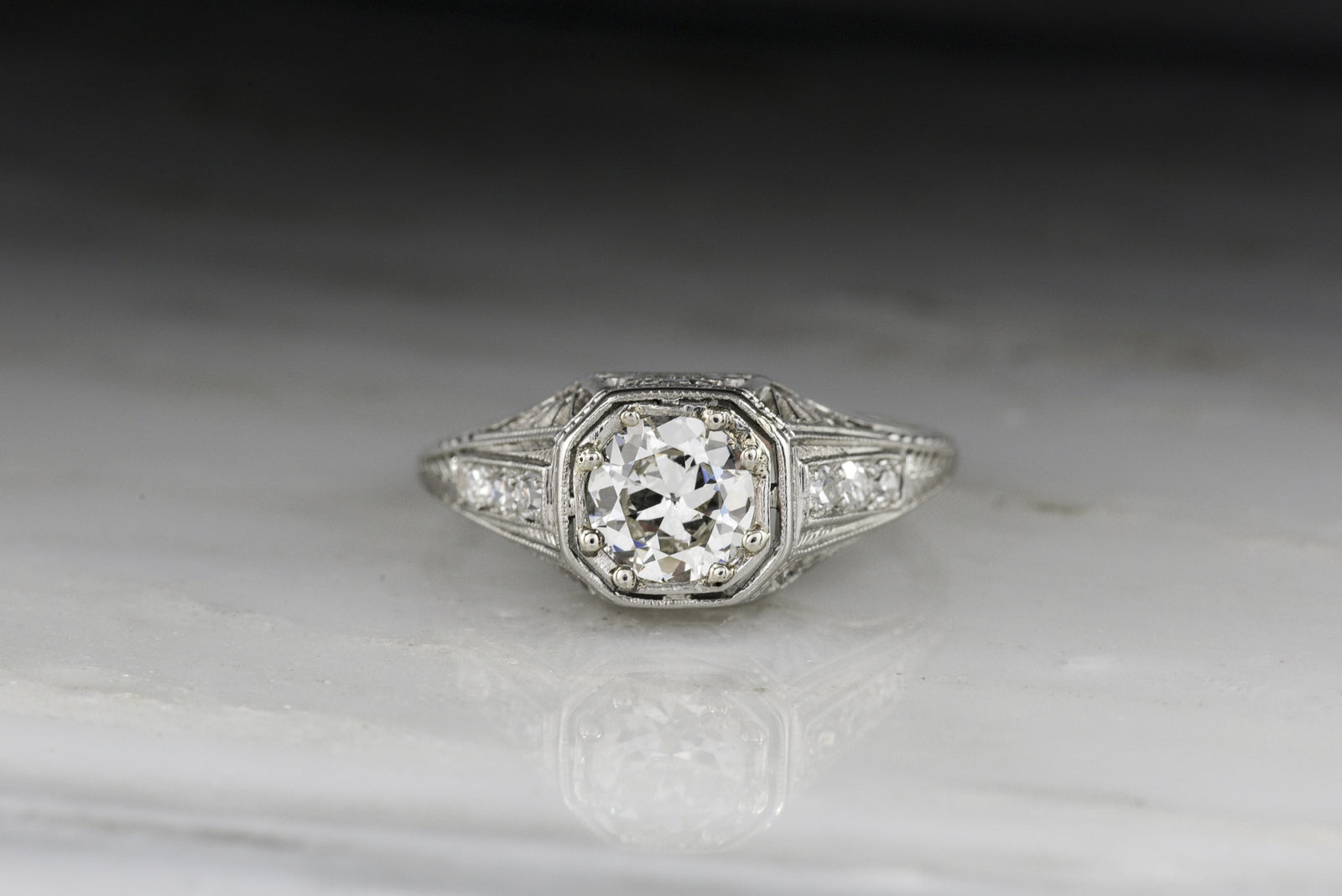 Vintage Art Deco .90 Carat Old European Cut Diamond Engagement Ring