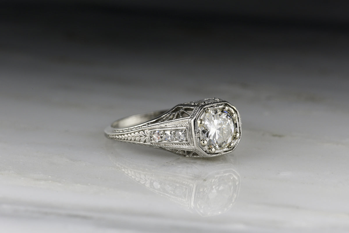 Vintage Art Deco .90 Carat Old European Cut Diamond Engagement Ring