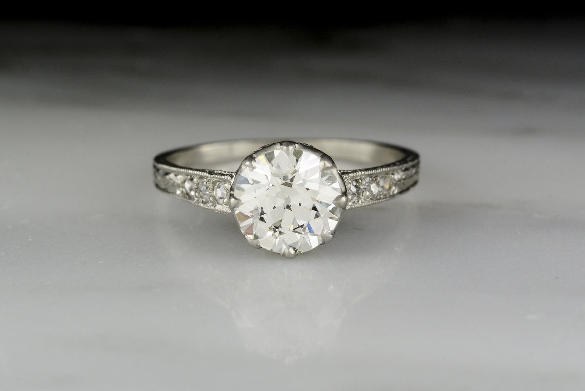 Antique 1910s-1920s Platinum and Diamond Edwardian Engagement Ring with a GIA Certified Old European Cut Diamond Center