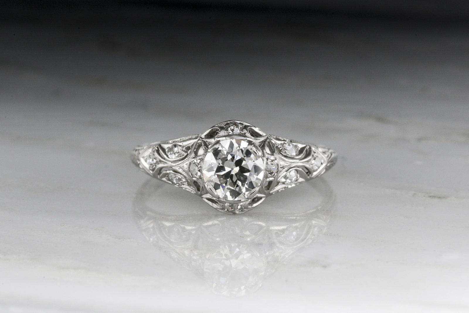 Antique Edwardian Old European Cut Diamond Engagement Ring with Ornate Open Filigree 
