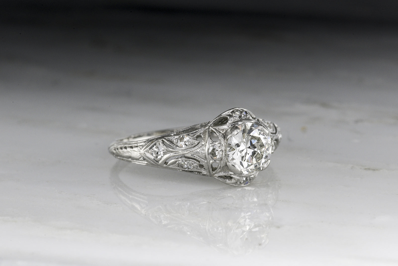 Antique Edwardian Old European Cut Diamond Engagement Ring with Ornate Open Filigree 