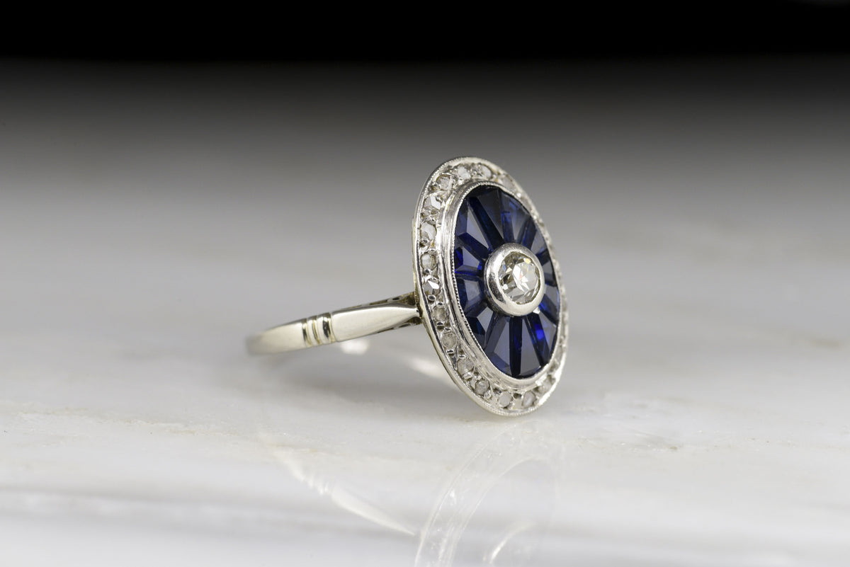 French Art Deco Calibré Cut Sapphire and Old European Cut Diamond Ring