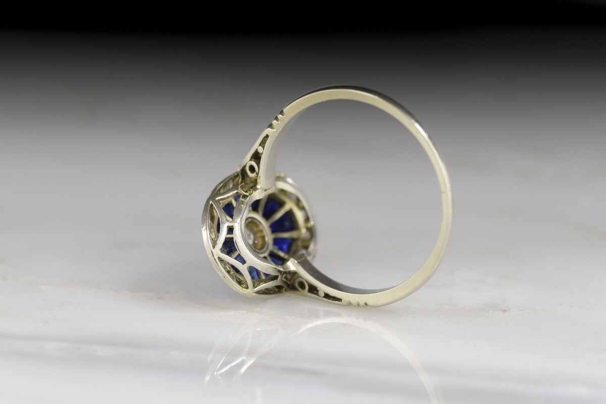 French Art Deco Calibré Cut Sapphire and Old European Cut Diamond Ring