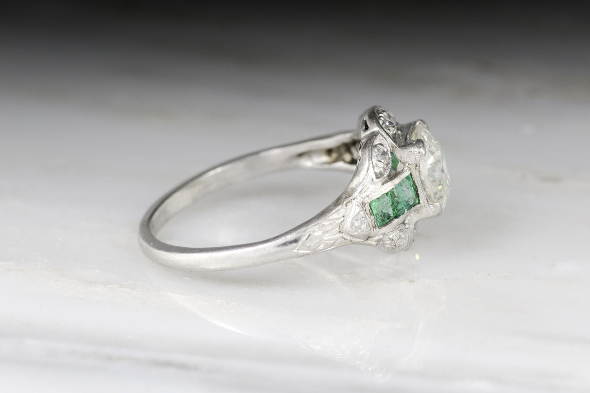 Antique Edwardian / Art Deco Diamond and Emerald Engagement Ring with 1.07 Carat Old European Cut Diamond Center
