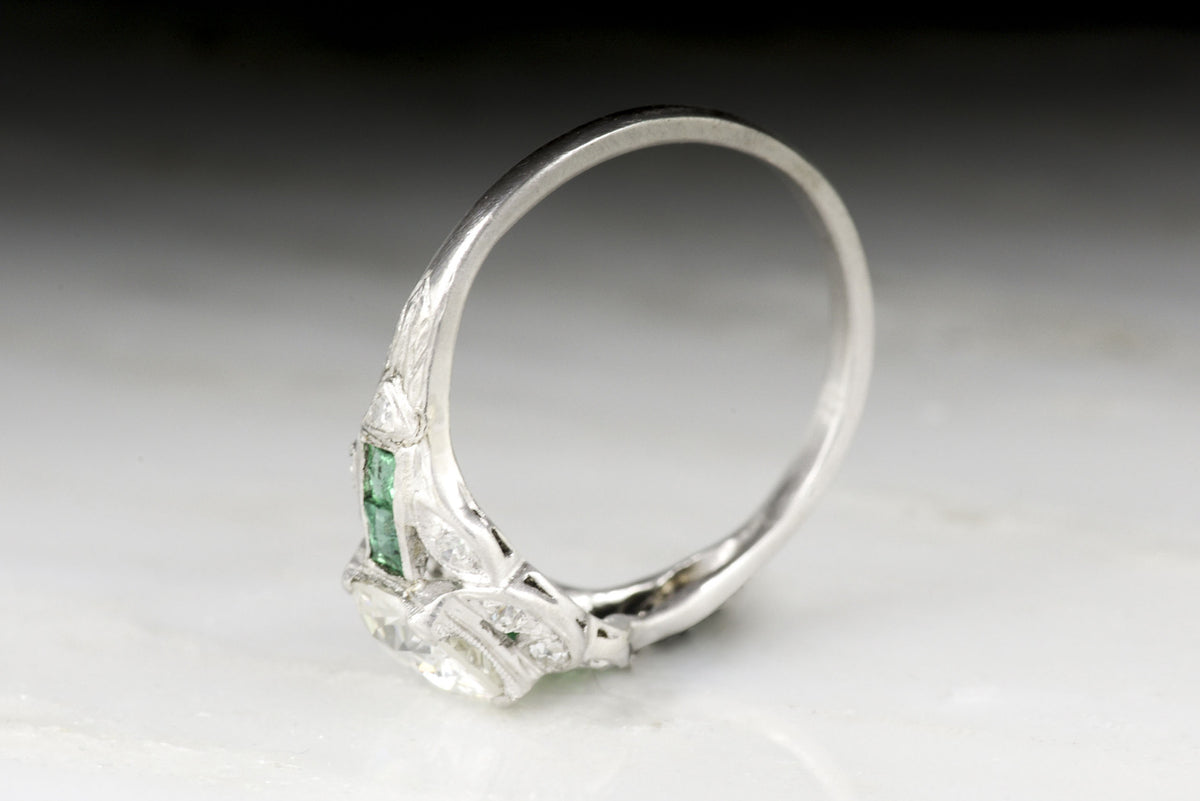 Antique Edwardian / Art Deco Diamond and Emerald Engagement Ring with 1.07 Carat Old European Cut Diamond Center