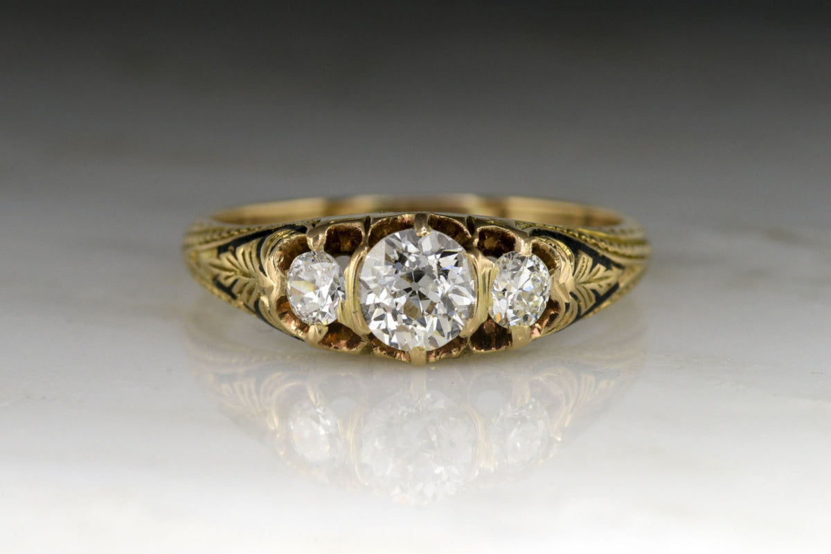 Antique Victorian Engagement Ring: Gold and Black Enamel Three-Stone Past, Present, Future Engagement Ring with Old Mine Cut Diamond Center