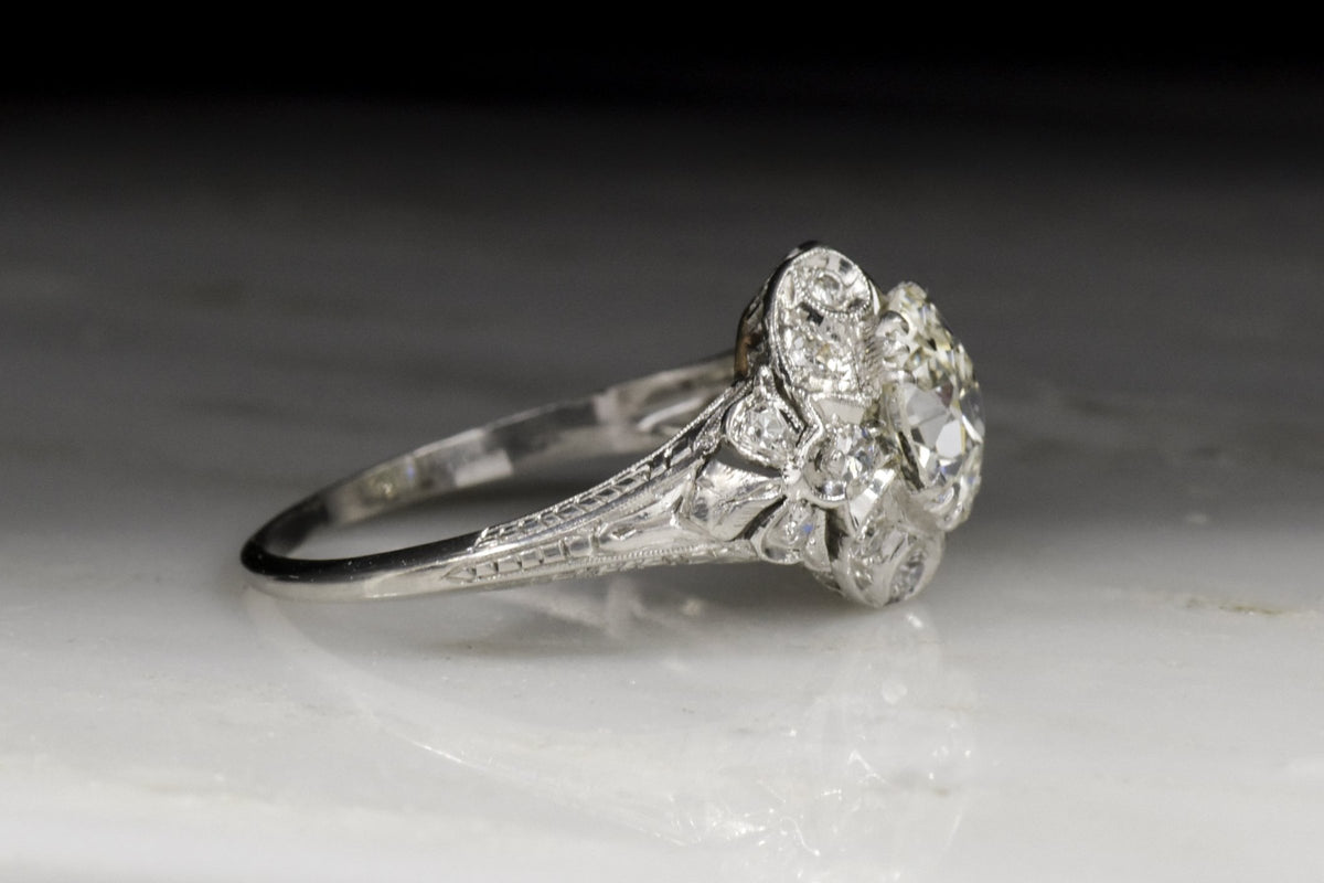 Antique Edwardian / Art Deco Engagement Ring with 1.50 Carat Old European Cut Diamond Center