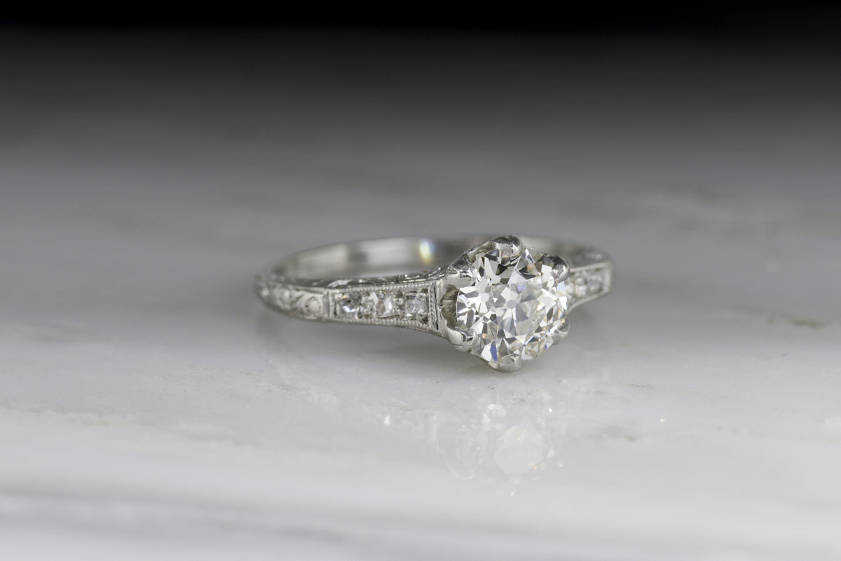 Antique Late Edwardian / Art Deco Engagement Ring in Platinum with a 1.07 Carat Old European Cut Diamond Center