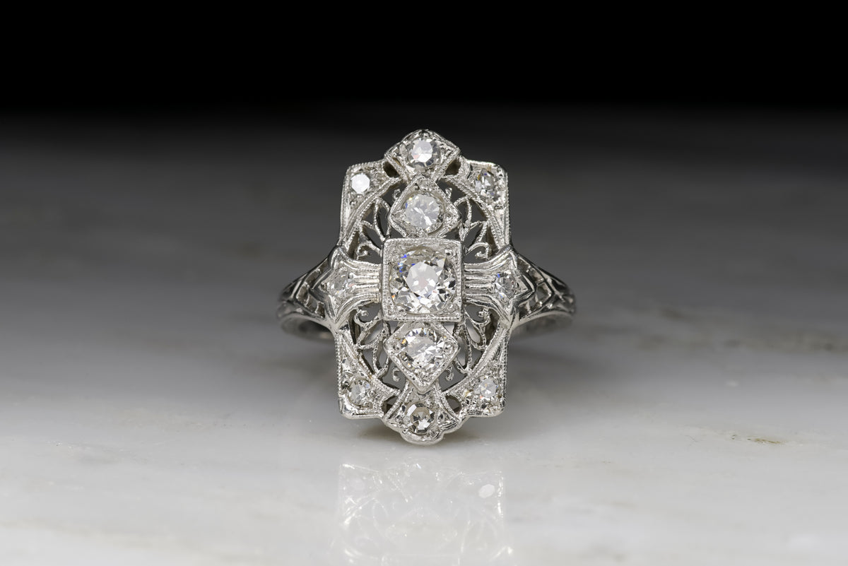 1910s-1920s Edwardian / Art Deco Old Mine Cut and Single Cut Diamond Cocktail Ring