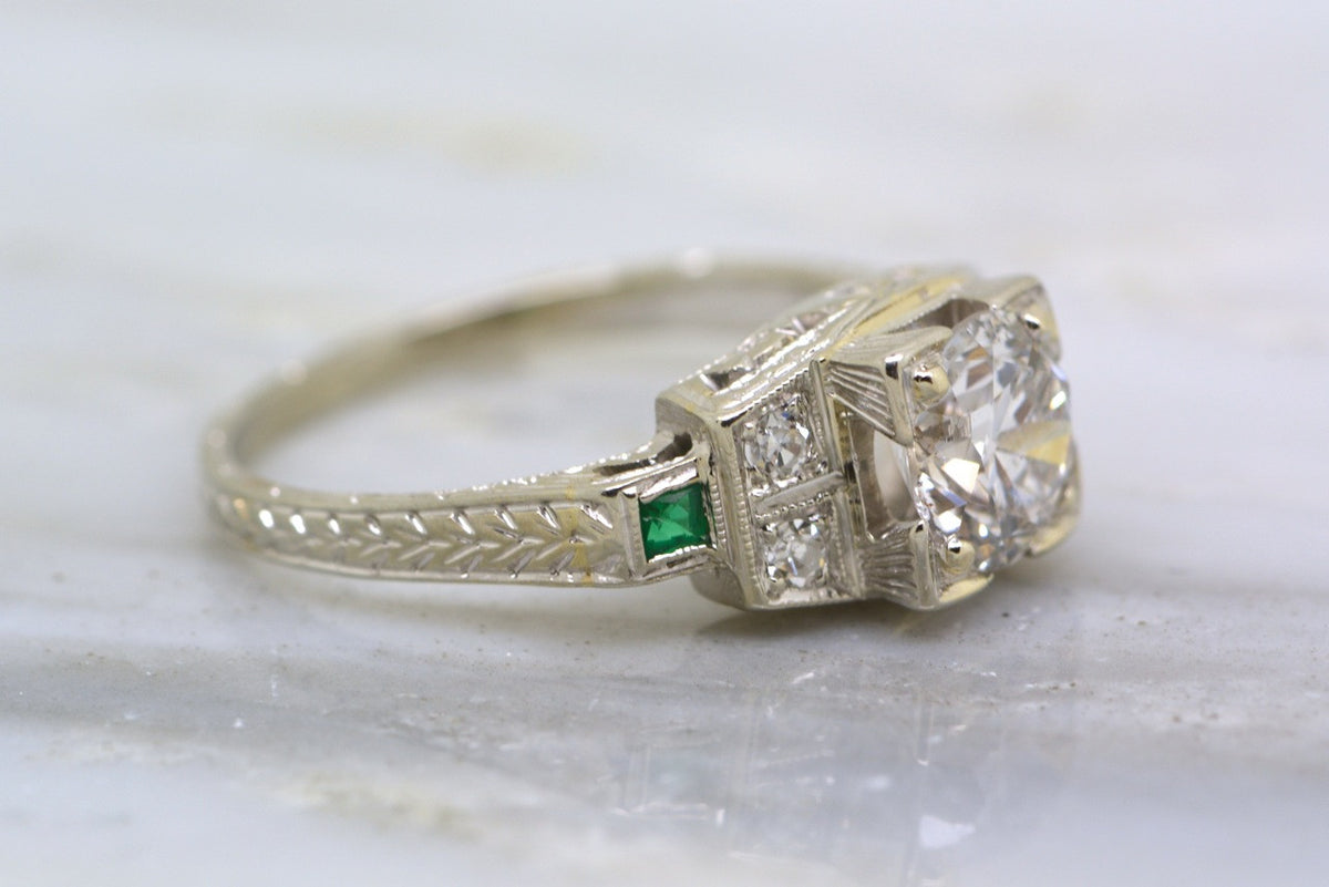 Art Deco 1.10ctw Old European Cut Diamond Engagement Ring in 18k White Gold with Emerald Accents; Engraving; Filigree R144