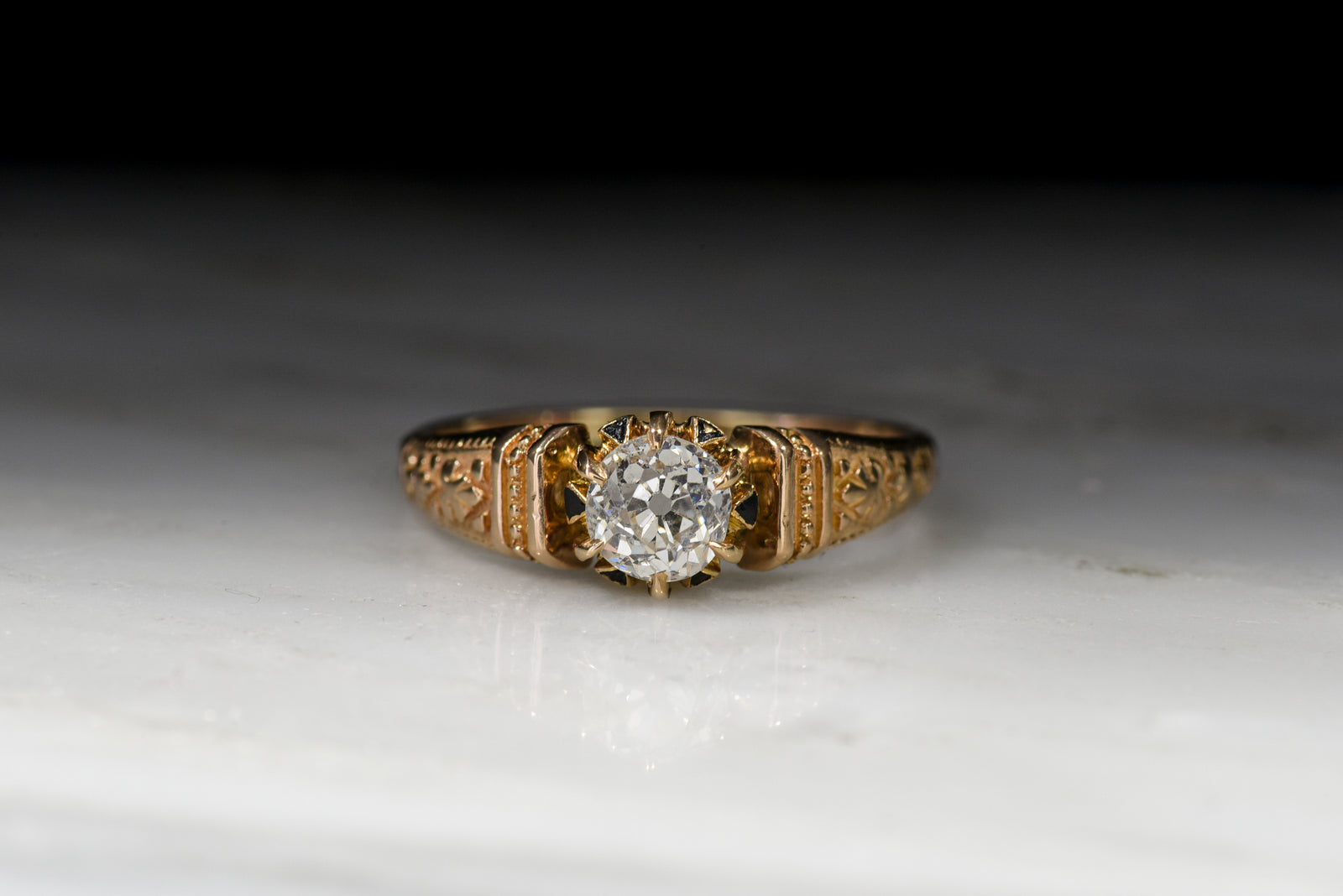 Antique Victorian Old Mine Cut Diamond Engagement Ring in Rose Gold with Black Enamel 