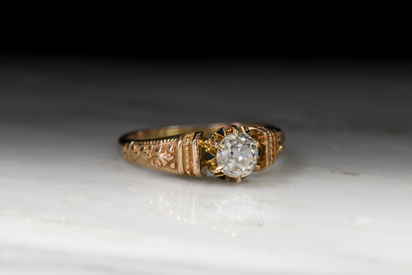 Antique Victorian Old Mine Cut Diamond Engagement Ring in Rose Gold with Black Enamel 