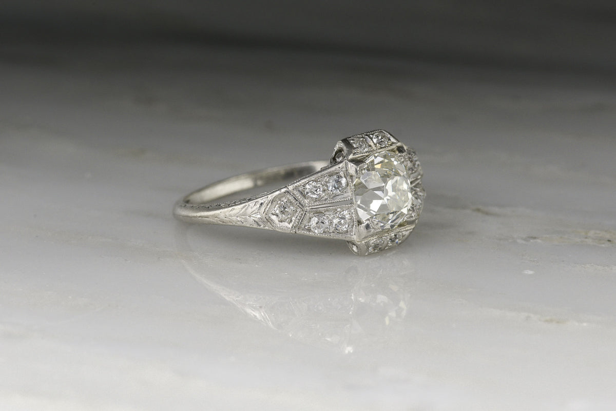 Late Edwardian / Early Art Deco Ring with a 1.41 Carat Old Mine Cut Diamond Center