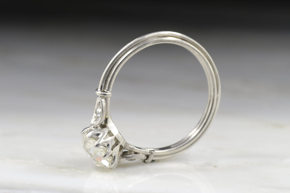 Antique Edwardian, Art Deco Women&#39;s Engagement Ring with a 1.27 Carat Old European Cut Diamond in Platinum