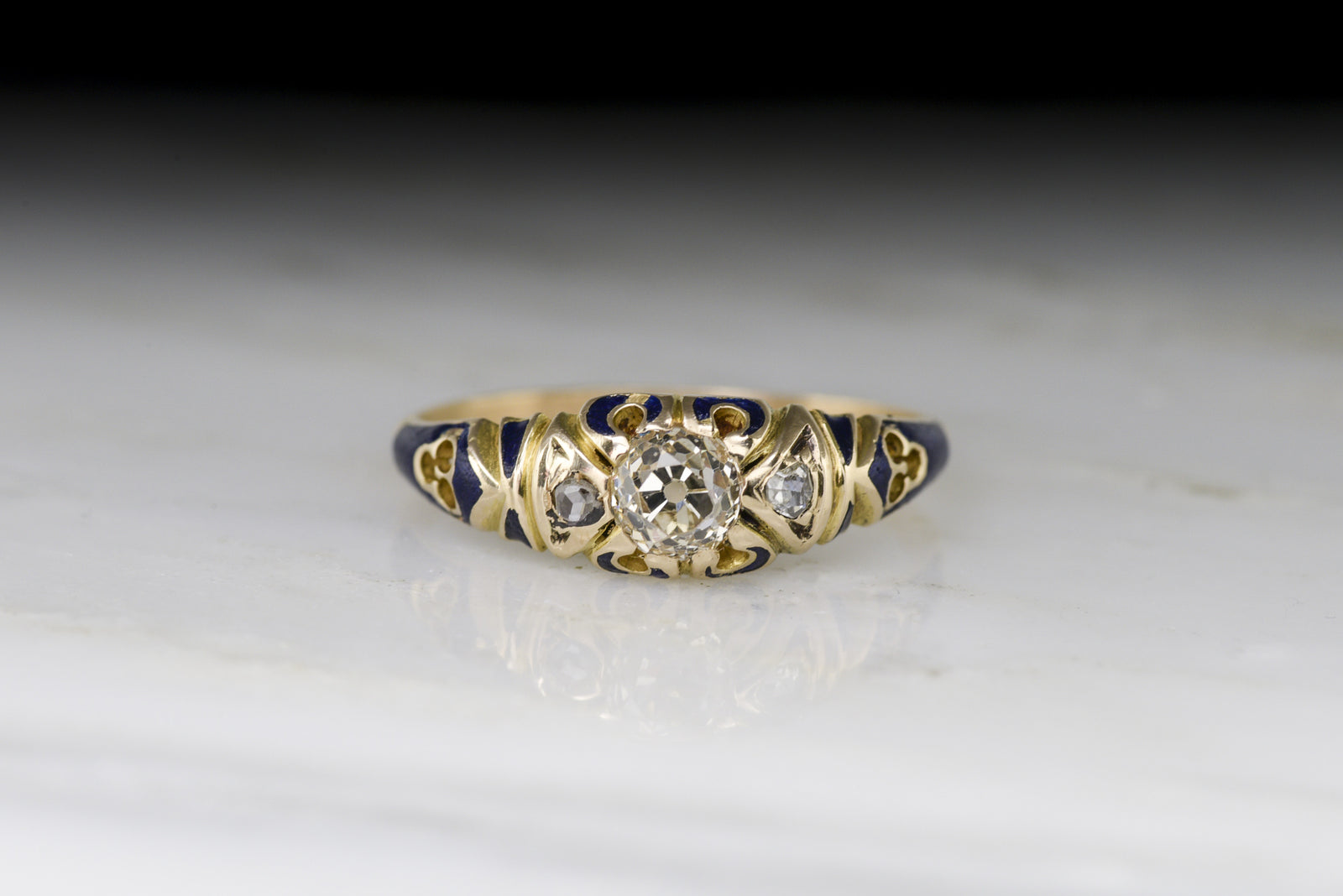 Antique Victorian Old Mine Cut Diamond Engagement Ring with Blue Enamel