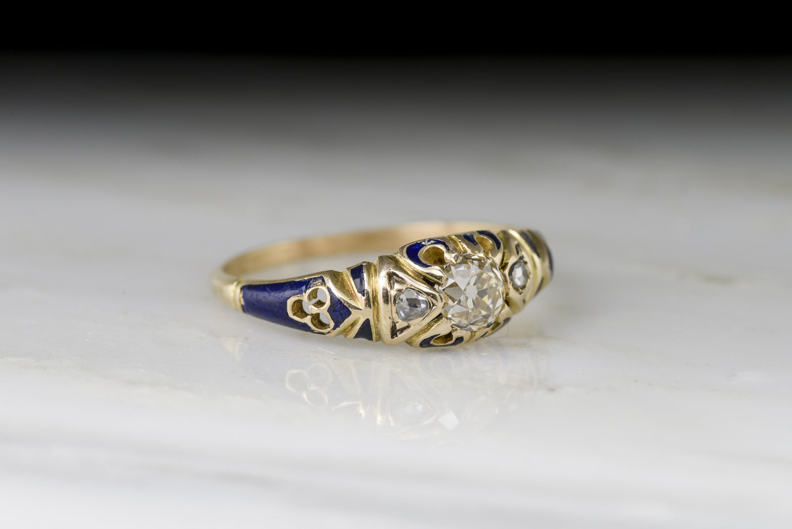 Antique Victorian Old Mine Cut Diamond Engagement Ring with Blue Enamel