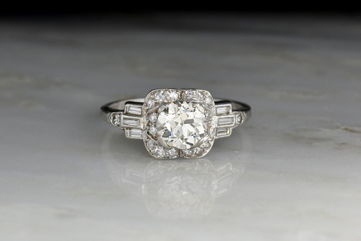 Late Art Deco Engagement Ring with Baguette Cut Shoulders