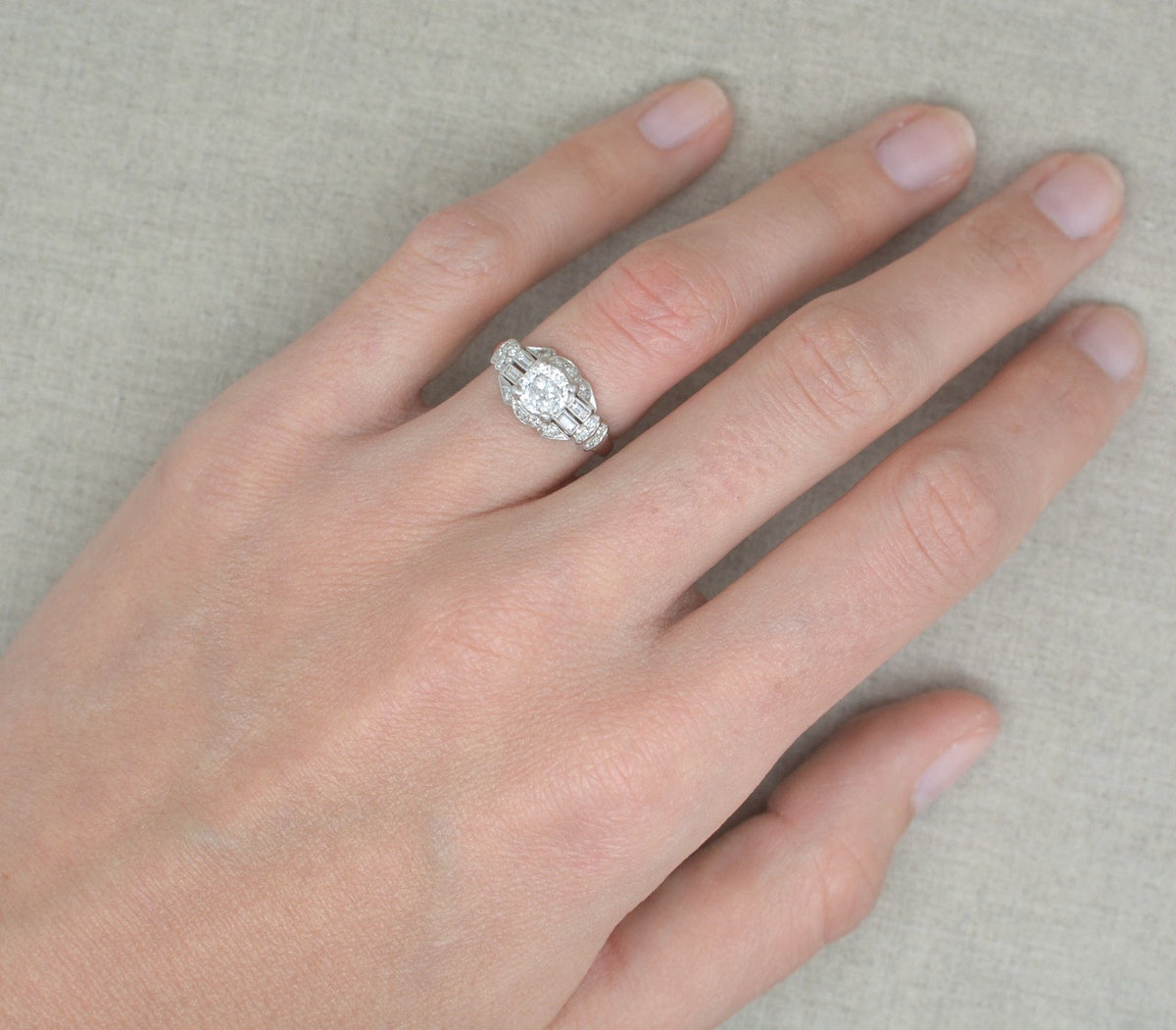 Art Deco, Retro Old European Cut Diamond Engagement Ring with Baguette Cut Accents