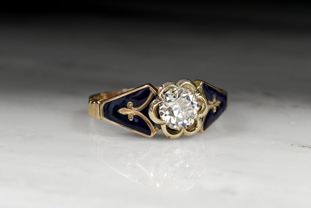 Victorian .75 Carat Old European Cut Diamond Engagement Ring in Gold with Blue Enamel