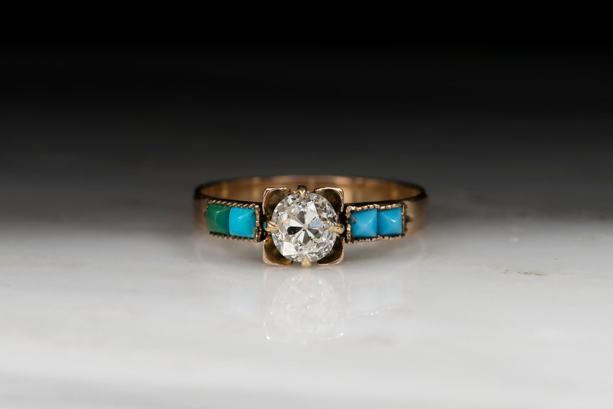 Antique Victorian Old Mine Cut Diamond and Turquoise Engagement or Stacking Ring