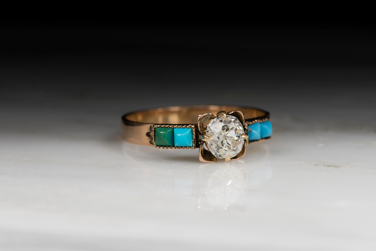 Antique Victorian Old Mine Cut Diamond and Turquoise Engagement or Stacking Ring