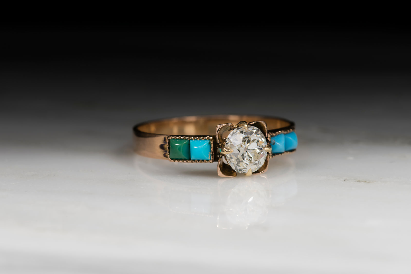 Antique Victorian Old Mine Cut Diamond and Turquoise Engagement or Stacking Ring