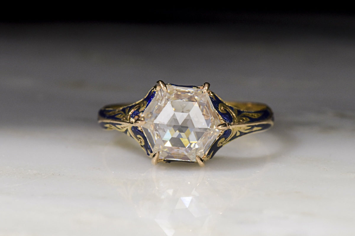 Victorian 1.61 Carat Hexagonal Rose Cut Diamond Engagement Ring with Blue Enamel