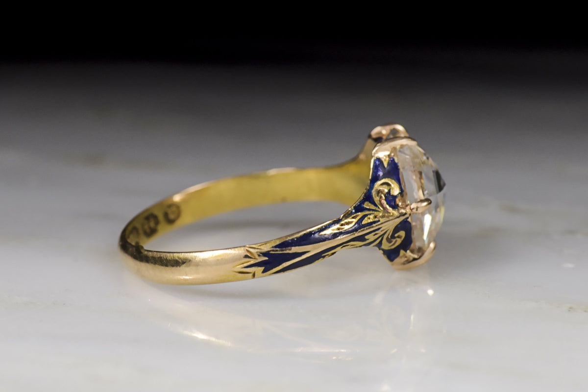 Victorian 1.61 Carat Hexagonal Rose Cut Diamond Engagement Ring with Blue Enamel