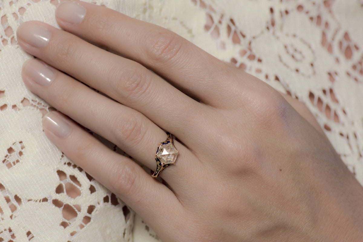 Victorian 1.61 Carat Hexagonal Rose Cut Diamond Engagement Ring with Blue Enamel