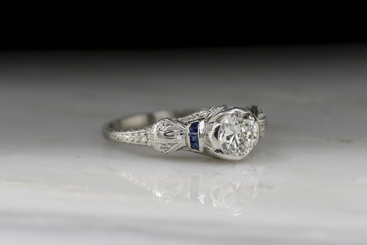 Late Edwardian Transitional Cut Diamond and Sapphire Engagement Ring