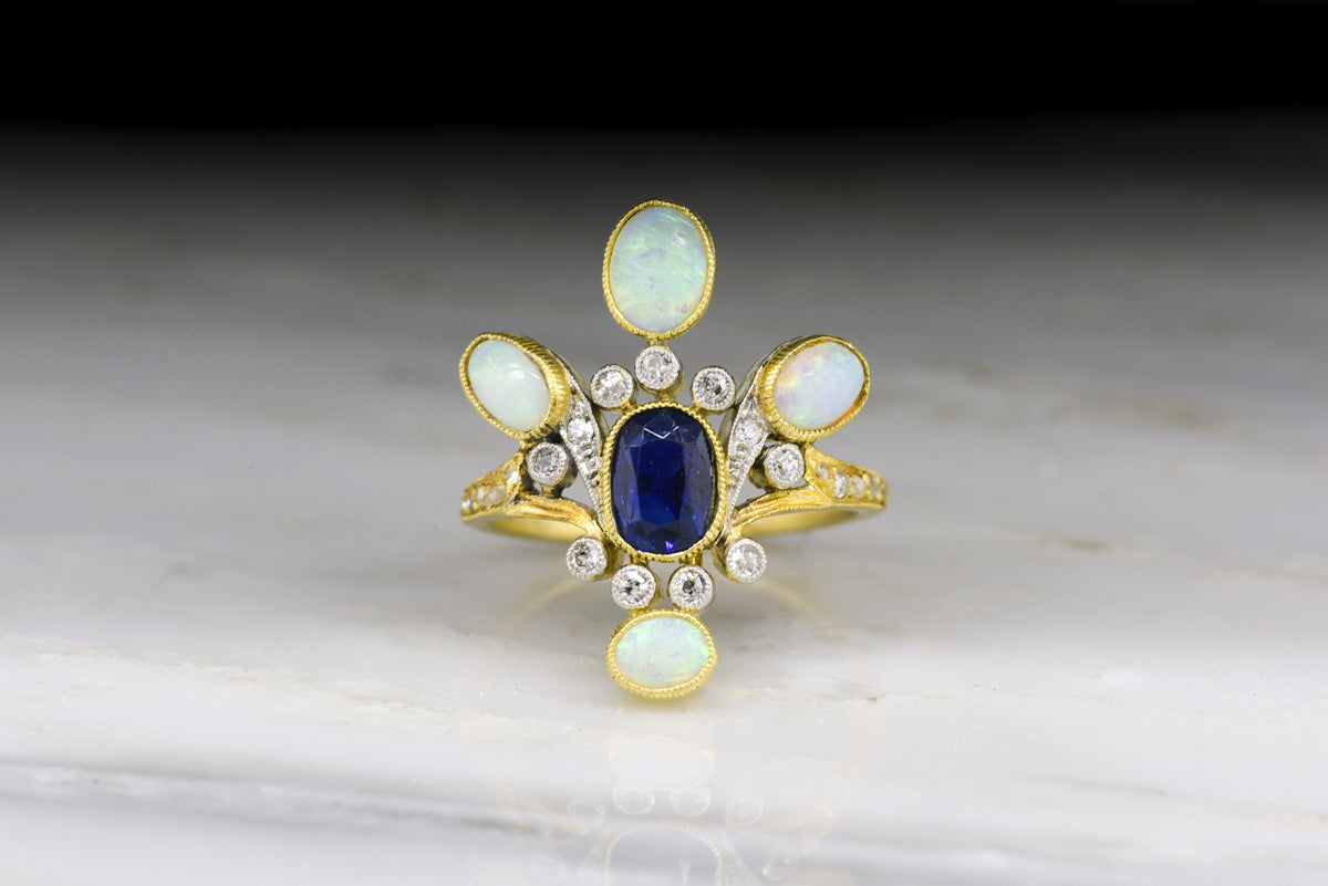 Antique Victorian / Edwardian Women&#39;s Statement Ring in 18K Yellow Gold and Platinum with Natural Opals, Sapphire, and Diamonds