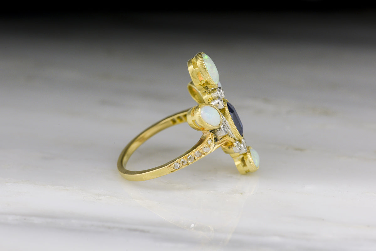 Antique Victorian / Edwardian Women&#39;s Statement Ring in 18K Yellow Gold and Platinum with Natural Opals, Sapphire, and Diamonds