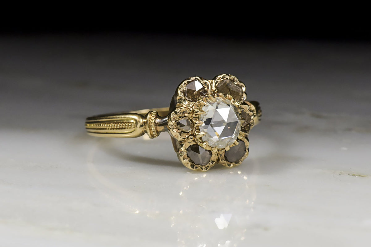 Antique Victorian Diamond Engagement Ring with Tall, Domed Oval Rose Cut Diamond Center in 18K Rose-Yellow Gold