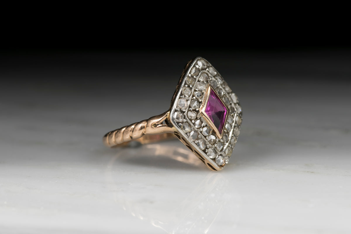 Vintage Victorian Kite-Set Pink Sapphire and Antique Rose Cut Diamond Ring