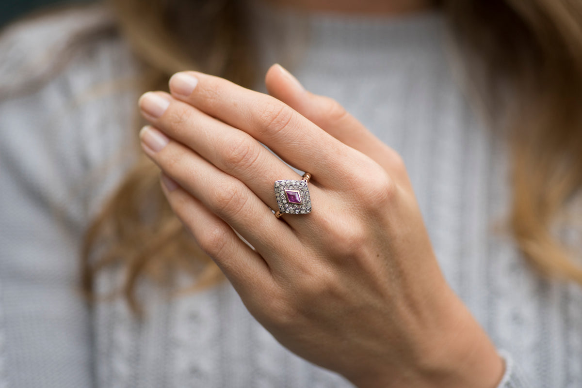 Vintage Victorian Kite-Set Pink Sapphire and Antique Rose Cut Diamond Ring
