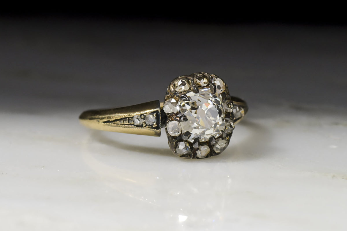 Victorian .90 Carat Old Mine Cut Diamond Halo / Cluster Engagement Ring