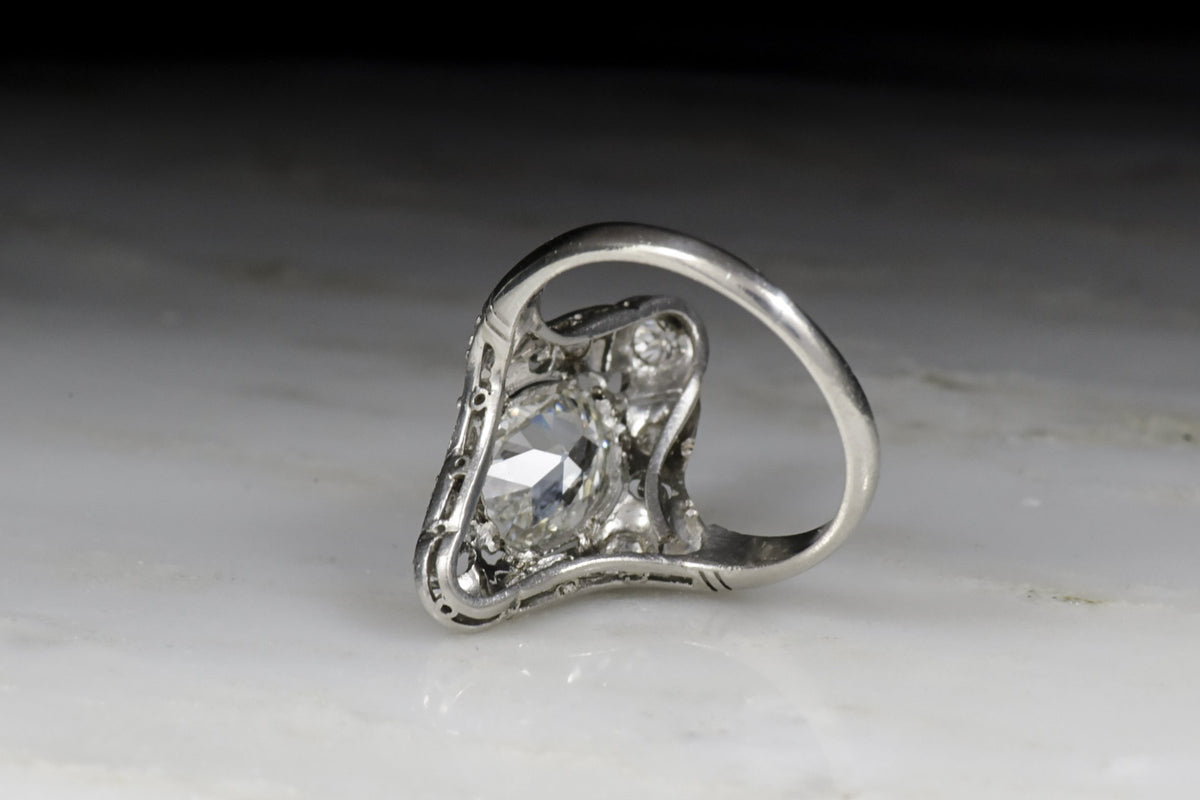 Antique Edwardian, Art Deco Women&#39;s Diamond Ring with Ornate Open Filigree and Oval Cut Diamond Center