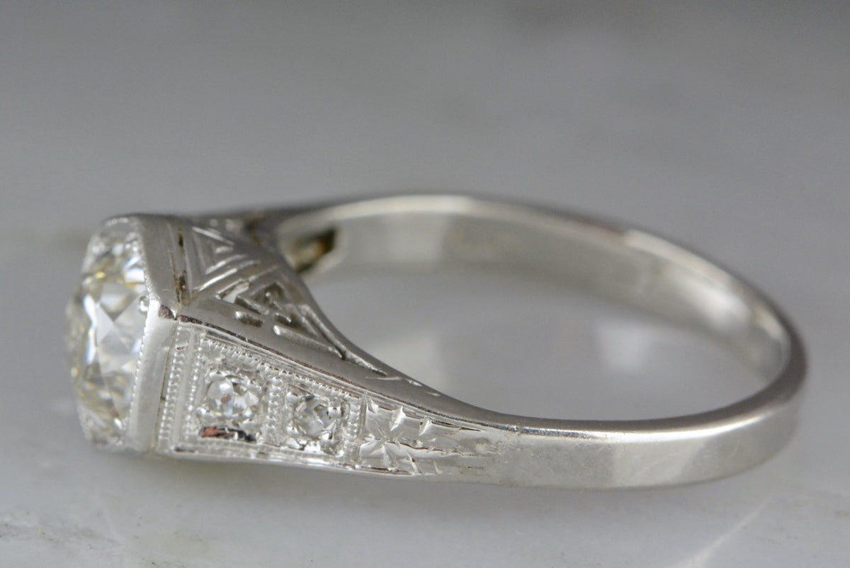 1.00ctw Art Deco / Post- Edwardian Platinum Engagement Ring with Beautifully Cut .87ct  Old Mine Cut Diamond Center