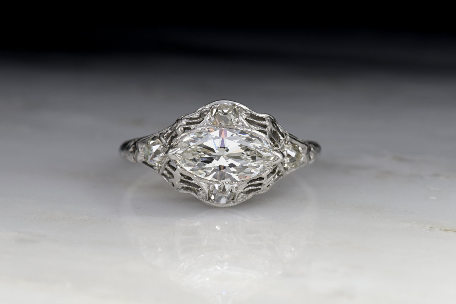Vintage Edwardian Engagement Ring: GIA 1.25 Carat Marquise Cut Diamond