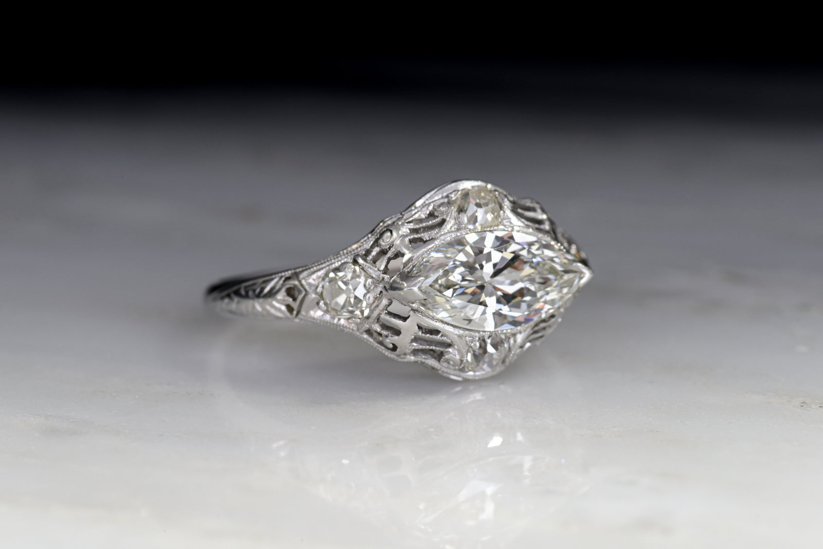 Vintage Edwardian Engagement Ring: GIA 1.25 Carat Marquise Cut Diamond