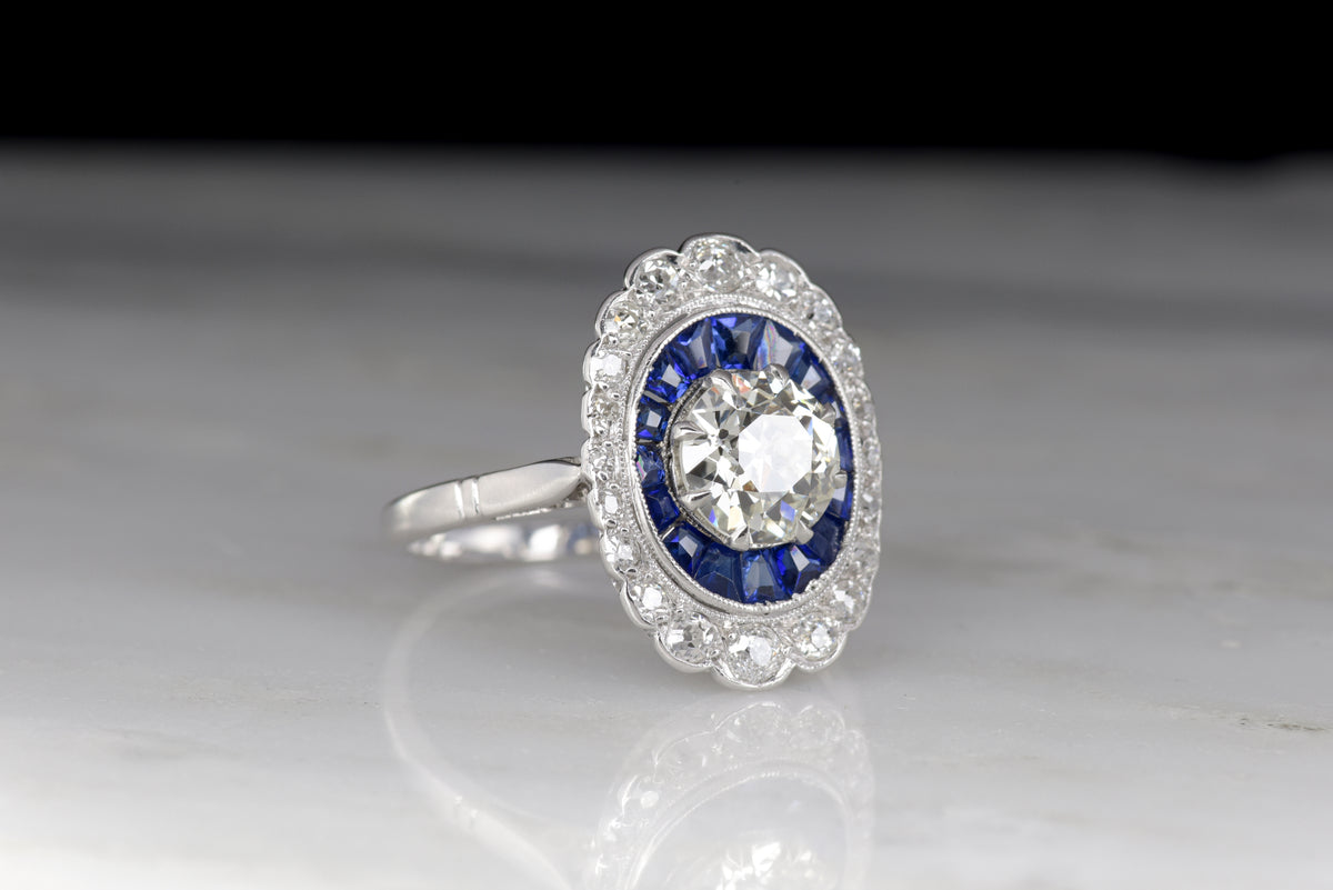French Art Deco Cocktail Ring with GIA 1.07 Carat Old European Cut Diamond and Calibré Cut Sapphires