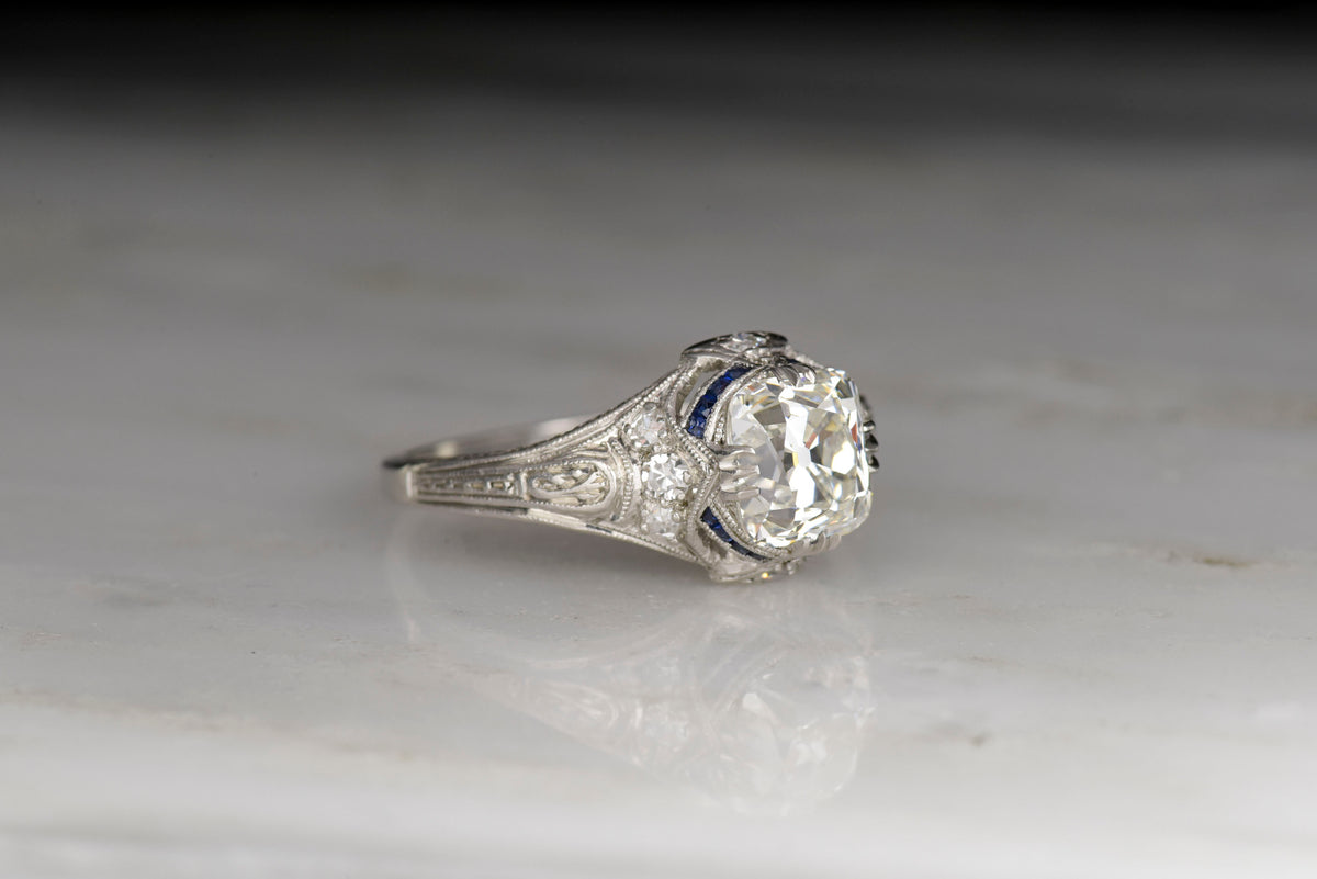 Edwardian / Art Deco Engagement Ring: GIA 1.68 Carat Old Mine Cut Diamond and Sapphire Accents