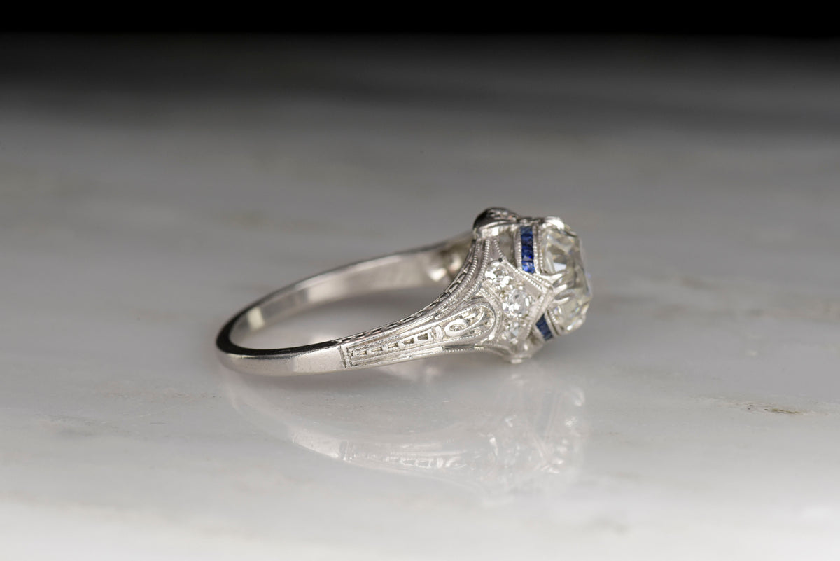 Edwardian / Art Deco Engagement Ring: GIA 1.68 Carat Old Mine Cut Diamond and Sapphire Accents