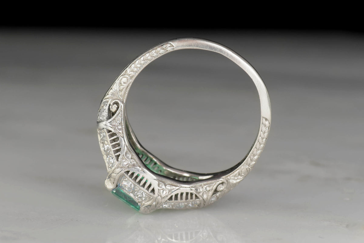 Late Edwardian / Art Deco Platinum Ring with a GIA 1.38 Carat Colombian Emerald Center