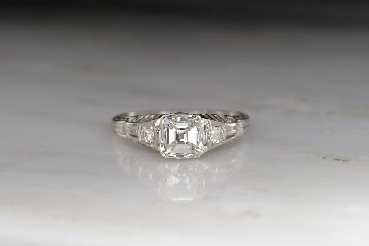 Late Edwardian / Art Deco Engagement Ring with a GIA Certified 1.05 Carat Square Emerald (Asscher) Cut Diamond